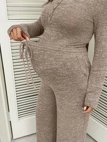 SHEIN Maternity Knit 2 Pieces Set T-Shirt And Pants, Comfortable Home Casual Wear - Khaki - View 3