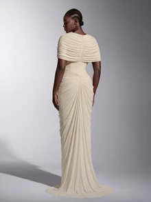 Elitara Plus Size Elegant Luxurious Elastic Knit Mesh Ruched Mermaid Dress, Suitable For Wedding, Event, Bachelorette Party, Vacation, Ball, Evening Dress - Khaki - View 3