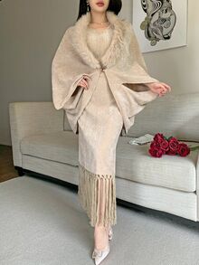 Feyla Women's Solid Color Patchwork Faux Fur Batwing Sleeve Loose Jacket And Tassel Hem Dress Elegant 2 Pieces Set - Khaki - View 3