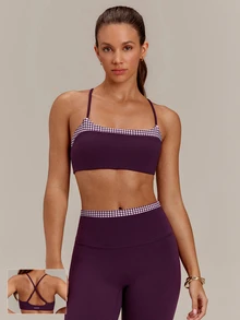 GLOWMODE FeatherFit™ Gingham Glow Soft Sweat-Wicking Gingham Trim Sports Bra With Varsity Style Logo Removable Cups Low Impact Yoga Studio Pilates Daily Wear - Bold Plum - View 1
