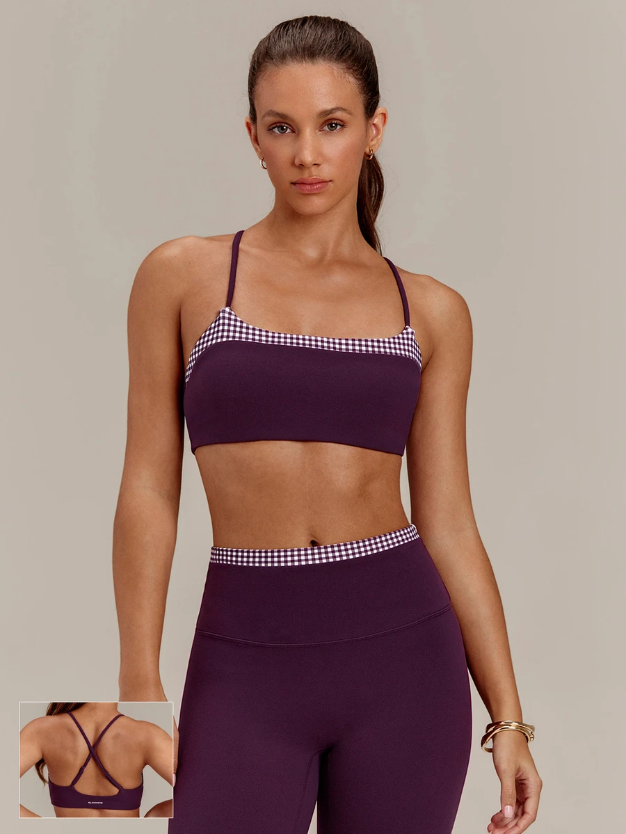 GLOWMODE FeatherFit™ Gingham Glow Soft Sweat-Wicking Gingham Trim Sports Bra With Varsity Style Logo Removable Cups Low Impact Yoga Studio Pilates Daily Wear - Bold Plum - View 1