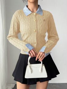Franclia Fashionable French 2000s Blogger-Inspired 2 In 1 Patchwork Knit Cardigan Sweater Cable Button Up Collared Teachers' Day Office Grey Blue Autumn - Khaki - View 3