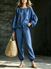 Linhara CURVE Plus Size Women 2 Pieces Boho Set, Round Neck Ruffle Hem Lantern Sleeve Top, Elastic Cuff Pants, Textured Solid Dusty Blue Brunch Vacation Fall - Blue - View 3