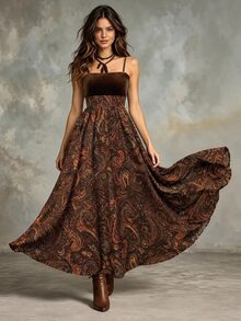 INAWLY Women's Vintage All-Over Floral Print Pocket Elastic Waist Long Skirt, Autumn/Winter - Multicolor - View 5