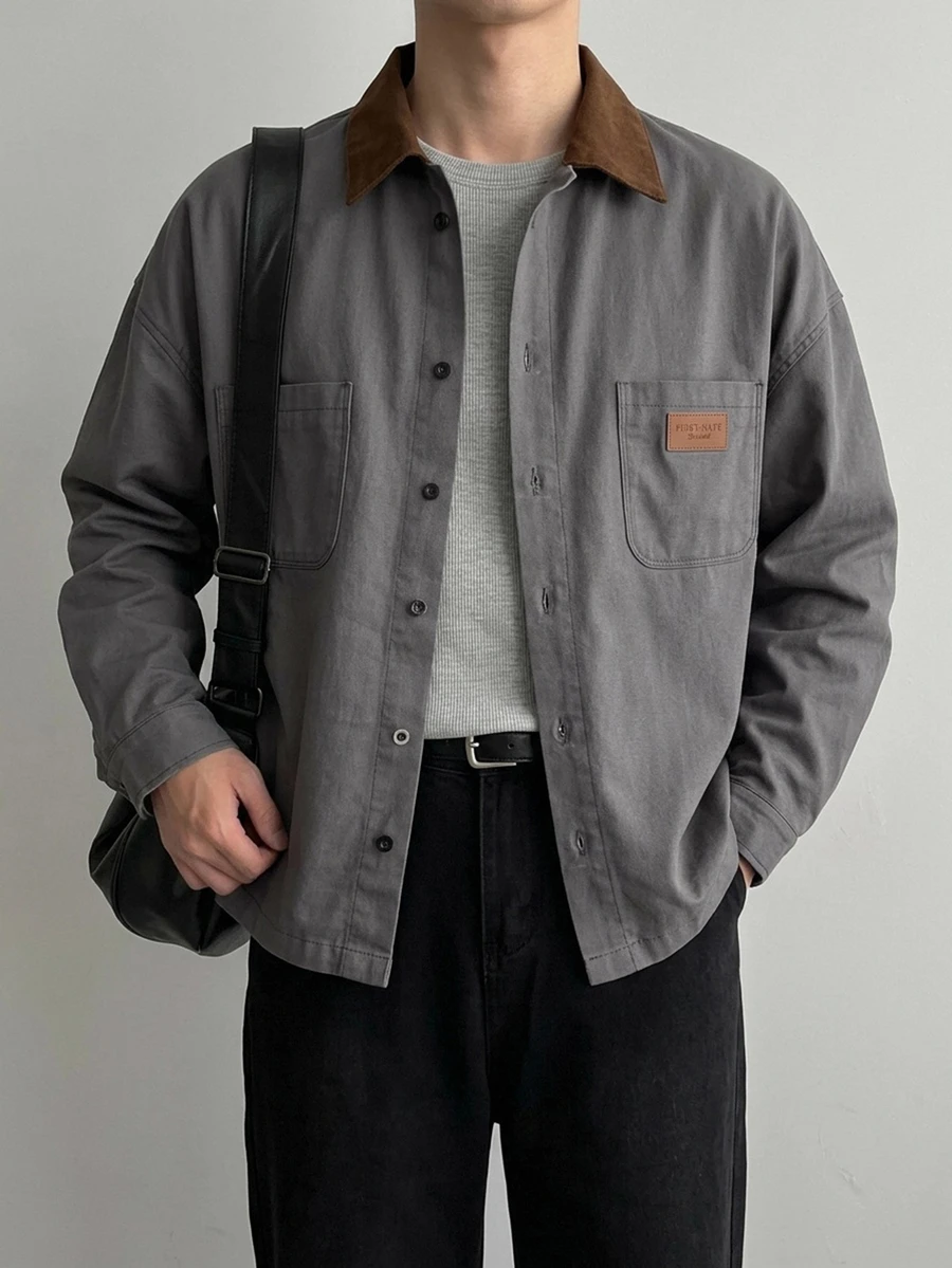 DAZY Spring/Autumn Men's Patchwork Collar Contrast Color Washed Distressed Denim Jacket - Grey - View 1
