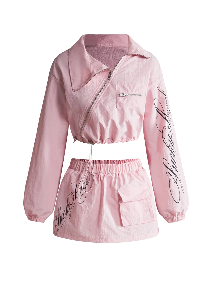 ROMWE Street Life Street Style Pink Nylon Outdoor Letter Print Cropped Jacket & Skirt Two Pieces Set For Women - Baby Pink - View 1