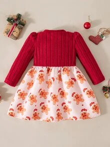 SHEIN Vintaside Kids 1件女嬰甜美紅粉色薑餅人蝴蝶結羅紋長袖泡泡袖圓領休閒冬季公主風舒適A字蓬蓬裙 - 酒紅色 - 查看 2