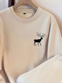 StoneGrade Minimalist Deer Silhouette Fashion Casual Print Men's Standard Size Khaki Crew Neck Sweatshirt Set - Khaki - View 2