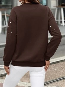 SHEIN LUNE 女款休閒落肩珍珠裝飾套頭毛衣，秋冬款 - 棕色 - 查看 2