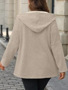 SHEIN Plus Size Women's Textured Long Sleeve Zipper Front Casual Drawstring Hooded Jacket - Khaki - View 2