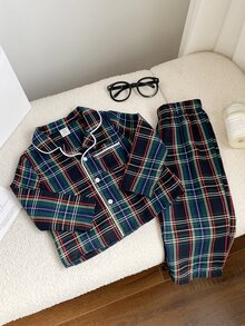 SHEIN 2件組嬰兒男孩/女孩秋冬款紅綠彩色格紋翻領長袖鈕扣上衣與鬆緊腰長褲套裝，適合聖誕節 - 彩色 - 查看 4