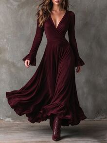 LUMIGAL Women's Autumn/Winter Long Sleeve V-Neck Flared Dress - Burgundy - View 8