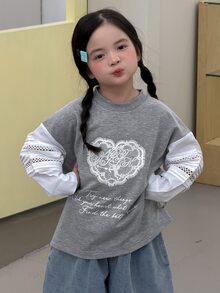Dazy Kids 少女甜美字母印花蕾絲拼接運動衫 - 淺灰色 - 查看 6