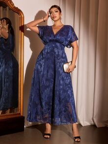 Rometta Plus Size Chiffon Floral Cutout Fabric Shirred One-Piece Sleeve Back Gathered Waist A-Line Long Dress Elegant For Outing Dating Gathering Party - Navy Blue - View 4