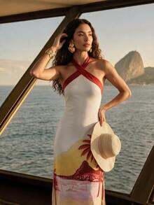 CAJUNI Women's Colorblock Casual Daily Summer Halter Neck Dress - Multicolor - View 5