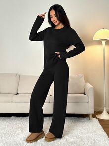 SHEIN PETITE 女款純色圓領長袖毛衣與長褲休閒正裝套裝，秋冬款 - 黑色 - 查看 4