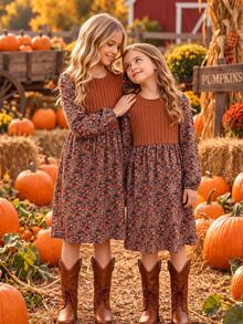 SHEIN Đầm hoa kiểu áo len giả cho bé gái tween, phong cách vintage với mảng gân, tay dài, cổ tròn, eo cao, dáng xòe rủ, trang phục mùa thu đông - màu nâu - Xem 5