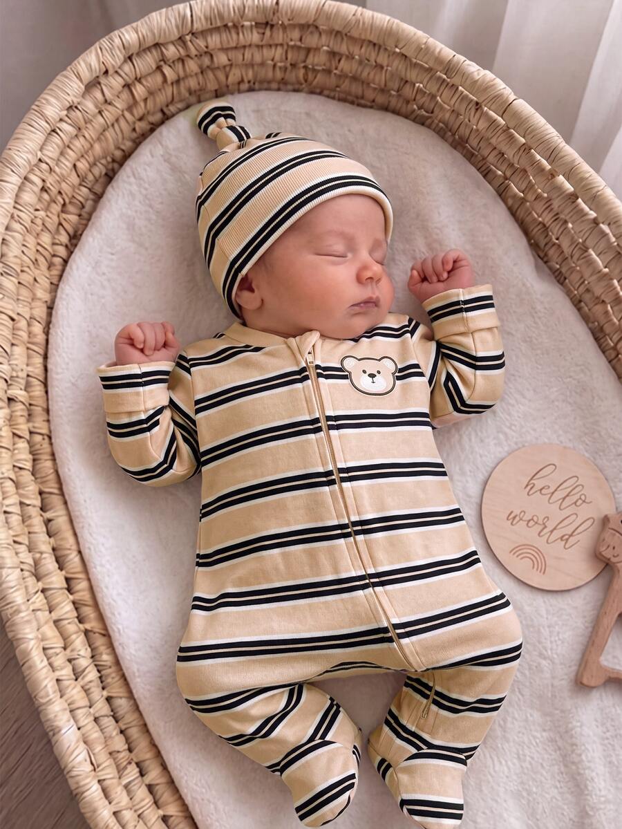 Newborn Baby Striped Knit Cartoon Bear Pattern Loungewear - Khaki - View 1