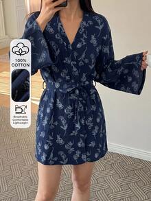 DAZY Leaf Pattern Loose Fit Short Cardigan Robe Women's Sleepwear - Navy Blue - View 5