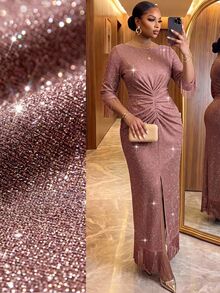 SHEIN Lady Plus Size Women's Round Neck Short Sleeve Tassel Cuff Pleated Sequin Split Hem Party Dress - Dusty Pink - View 1