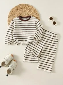 2pcs Baby Girl Textured Striped Knit Soft Crew Neck Long Sleeve Drop Shoulder Pullover Sweatshirt Elastic Waist Long Pants Autumn/Winter Two Pieces Set - Multicolor - View 10
