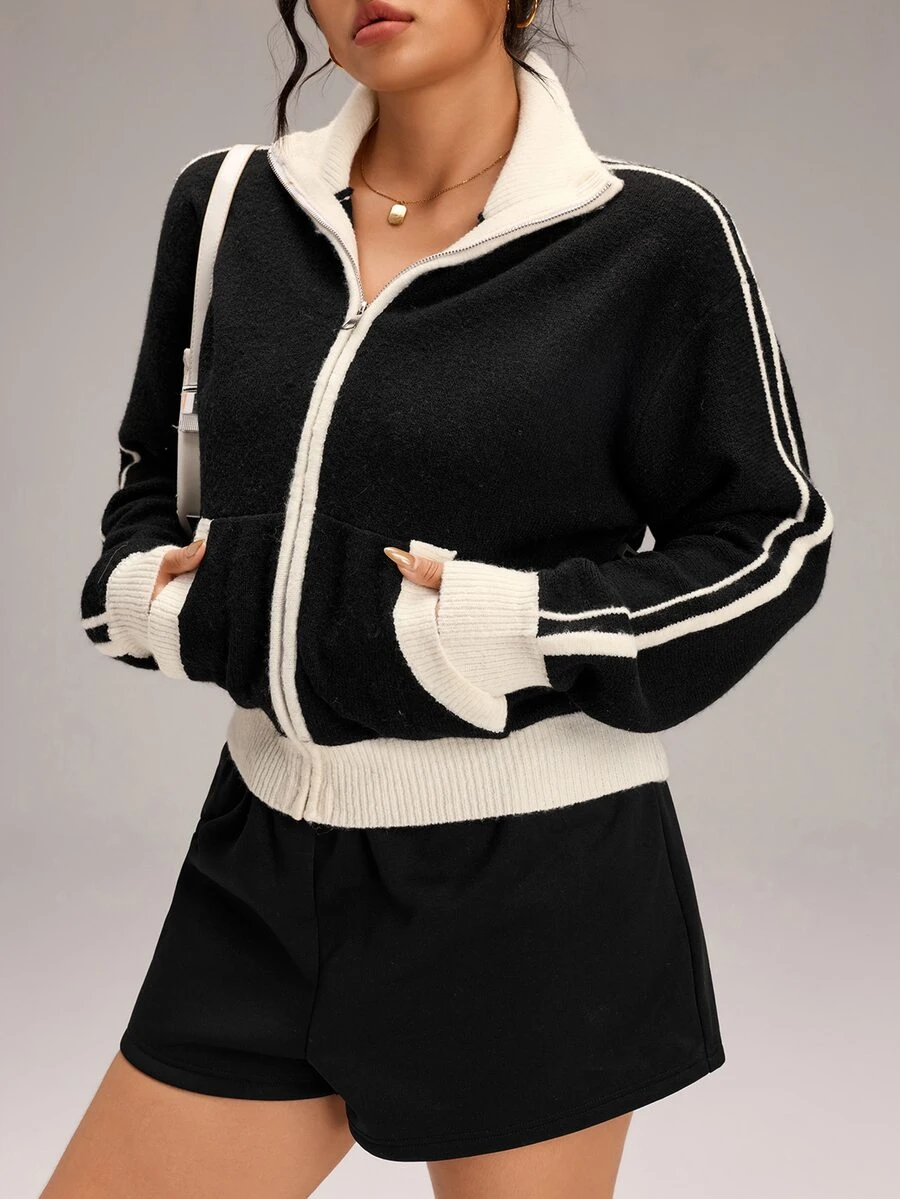 Rosumi Áo cardigan len dệt kim gân kẻ sọc phối màu tương phản có khóa kéo size lớn - màu đen - Xem 1
