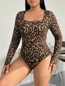 Solflare Bodysuit ôm sát cổ vuông tay dài dệt kim họa tiết da báo phong cách thường ngày size lớn, phù hợp cho mùa Thu/Đông - Nhiều màu - Xem 3