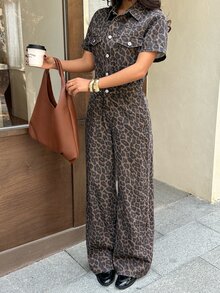 Rivivi Women's Leopard Print Non-Stretch Casual Daily Denim Jumpsuit,Fall/Winter,Animal Print,New Year Outfit,Christmas Outfit For Women - Multicolor - View 4