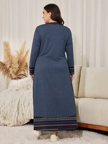 Lacomfia Plus Size Women's Loose Casual A-Line V-Neck Long Sleeve Patchwork Collar Cuff Hem Long Dress, Autumn - Navy Blue - View 2