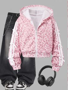 SHEIN Sparklyn 青少年女孩長袖抓絨秋季休閒純色蝴蝶結裝飾連帽拉鍊開襟外套，返校季秋季穿搭 - 粉色 - 查看 8