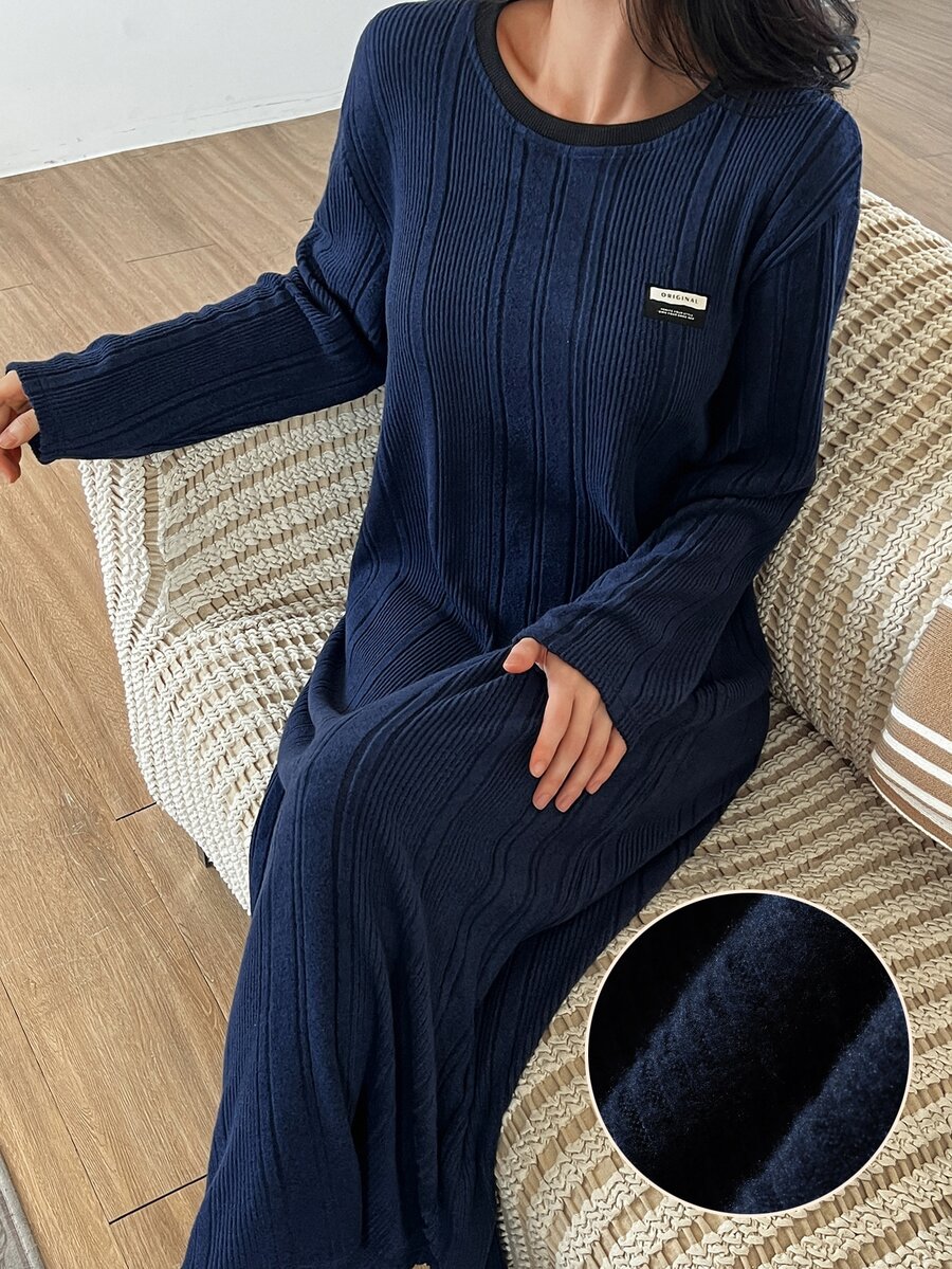 DAZY Autumn/Winter Brushed Fabric Letter Print Loose Fit Women's Loungewear Dress - Navy Blue - View 1