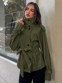 Aloruh 女款休閒立領單排扣收腰繫帶不對稱下擺風衣 - 軍綠色 - 查看 6