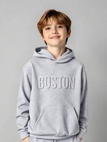 SHEIN 兒童青少年男孩休閒灰色字母與圖案印花寬鬆版型開學季秋冬衛衣，適合學校、街頭、派對穿著 - 淺灰色 - 查看 1