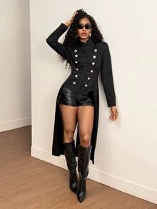 BamGleam Women's Vintage Military Stand Collar Double-Breasted Metal Button Waist-Nipped Black Peplum Long Coat - Black - View 7