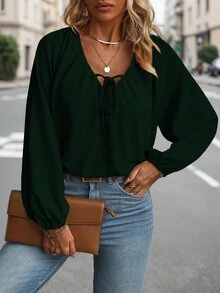 SHEIN Clasi 大尺碼女款純色V領時尚優雅長袖襯衫 - 墨綠色 - 查看 5