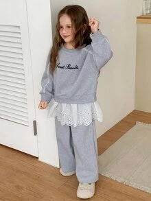 Dazy Kids Young Girl Fashion Lace Patchwork 2 In 1 Sweatshirt And Pants Set - Light Grey - View 5