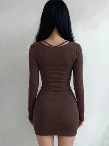 DAZY 女款長袖方領休閒連身裙，適合春季與秋季穿著 - 棕色 - 查看 5
