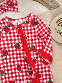SHEIN Newborn Baby Cute Knitted Casual Cartoon Pattern Romper & Headband Set - Red and White - View 6