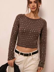 Freevana Women's Sequin Casual Versatile Daily Wear Long Sleeve Sweater - Grey - View 5