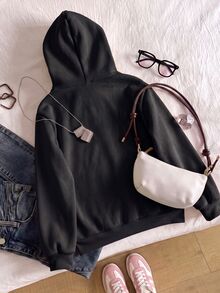 SHEIN Sparklyn 1件女童軟萌甜美風粉色連帽衛衣，長袖，抓絨，秋季衣物，柔軟面料，寬鬆版型，舒適 - 黑色 - 查看 2