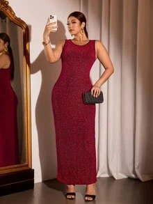 Cravure Plus Size Metallic Glitter Fabric Round Neck Sleeveless Dress Elegant For Outing Date Party Evening Event - Burgundy - View 6