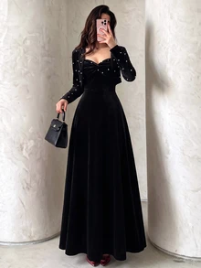 Modelyn Vintage Velvet Twisted Strap Dress With Beaded Short Cape, Cinched Waist And Flared Long Skirt, Party And Commute Outfit Velvet Black Fall/Winter - Black - View 3