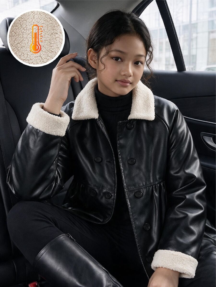 SHEIN Young Girl Raglan Sleeve Double Breasted Teddy Lined Coat Winter - Black - View 1