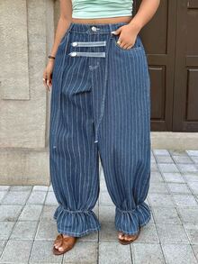 Rivivi Plus Size Women Non-Stretch Denim Cuffed Deep Blue Striped Lantern Pants Cowboy Outfits For Women - Medium Wash - View 3
