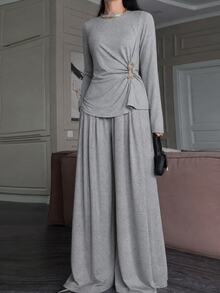 Modelyn Women's Minimalist Round Neck Metal Buckle Ruched Decor Top With Drapey Wide Leg Pants, Commute, Casual Shopping Outfit, Autumn/Winter 2 Pieces Set - Grey - View 5