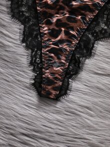 EmpressEnvy Sexy Leopard Print Eyelash Lace Vintage Contrast Color Lace Patchwork Underwire Bra & Triangle Panty Lingerie Set For Women - Multicolor - View 3