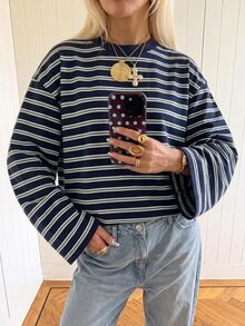 SHEIN EZwear 海外長袖草莓巧克力條紋上衣，秋季上衣，適合日常通勤、聚會、秋冬春夏、聖誕節、新年、感恩節、派對、婚禮、海灘、畢業典禮、優雅、外出、約會、通勤、情人節、優雅、度假、Y2K、畢業典禮及其他場合 - 彩色 - 查看 4