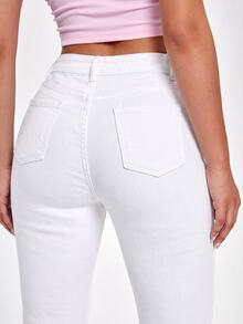 SHEIN EZwear Women's Waist Button Design Dual Pocket Casual Versatile Fashion Denim Jeans - White - View 7