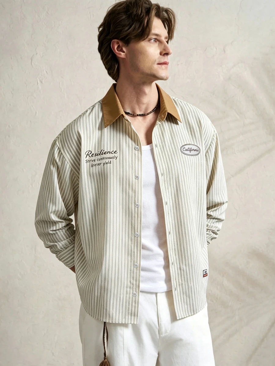 TONEVAULT Men's Colorblock Striped Patchwork Letter Print Single-Breasted Casual Fashion Shirt - Apricot - View 1