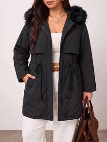 Enliva Plus Size Women's Faux Fur Hooded Water-Resistant Padded Coat Drawstring Waist Mid Length Warm Outerwear Flattering Compatible With Apple Shape Rounded Body - Black - View 8
